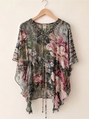 Haute Hippie Silk Floral Beaded Sequin Butterfly Tunic Sheer Drawstring XS